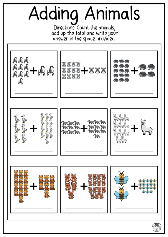 Zebras and tigers illustrated for counting and addition practice in a Pre-K worksheet
