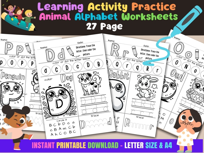 Animal Alphabet Placemat worksheet featuring animals corresponding to each letter of the alphabet
