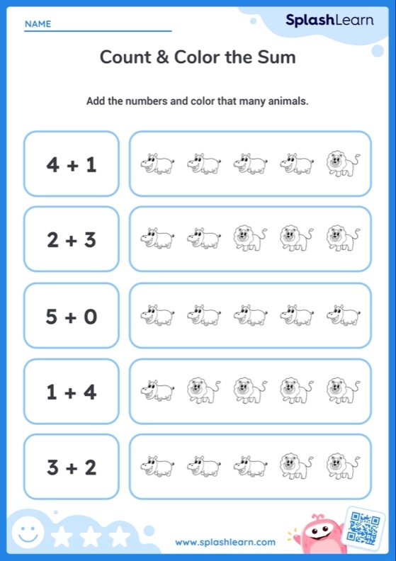 Pre-K animal picture addition worksheet showing cute zebras and tigers to count for math practice 12