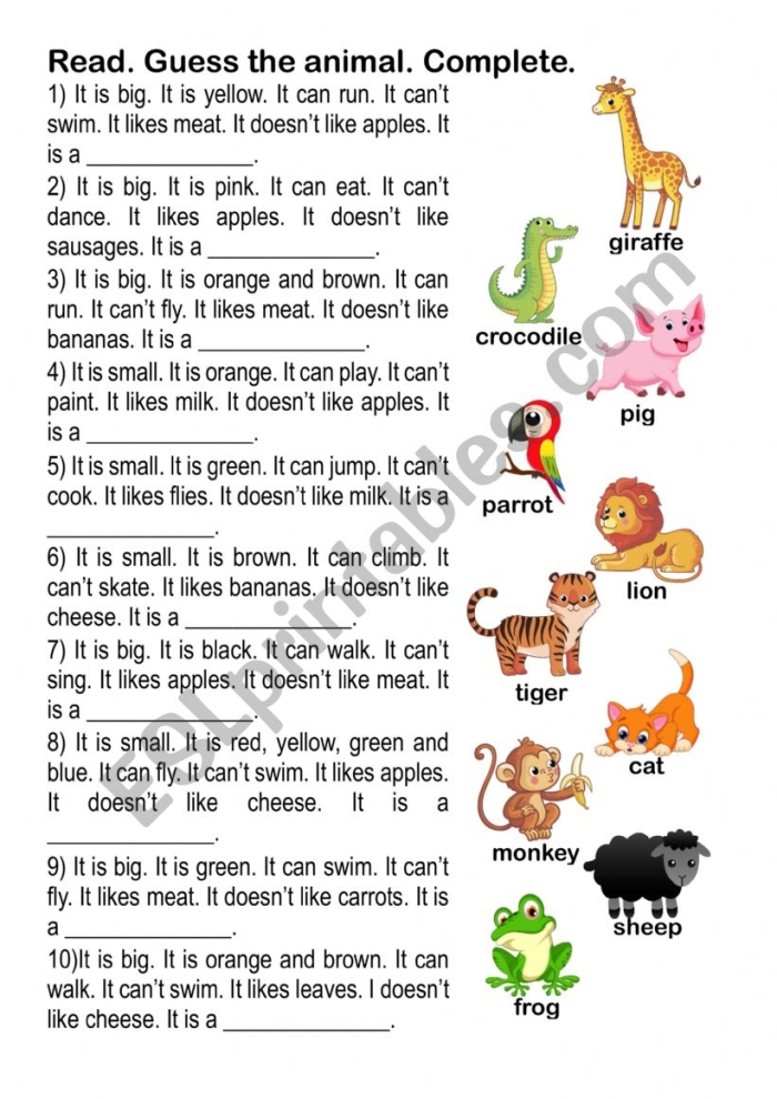 Pre-K animal guess worksheet featuring sight word practice and place value concepts