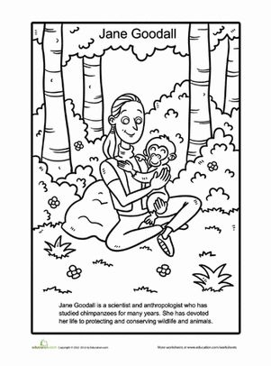 Inspiring coloring activity featuring renowned scientist Jane Goodall Jane Goodall coloring page worksheet for young animal lovers in Pre-K