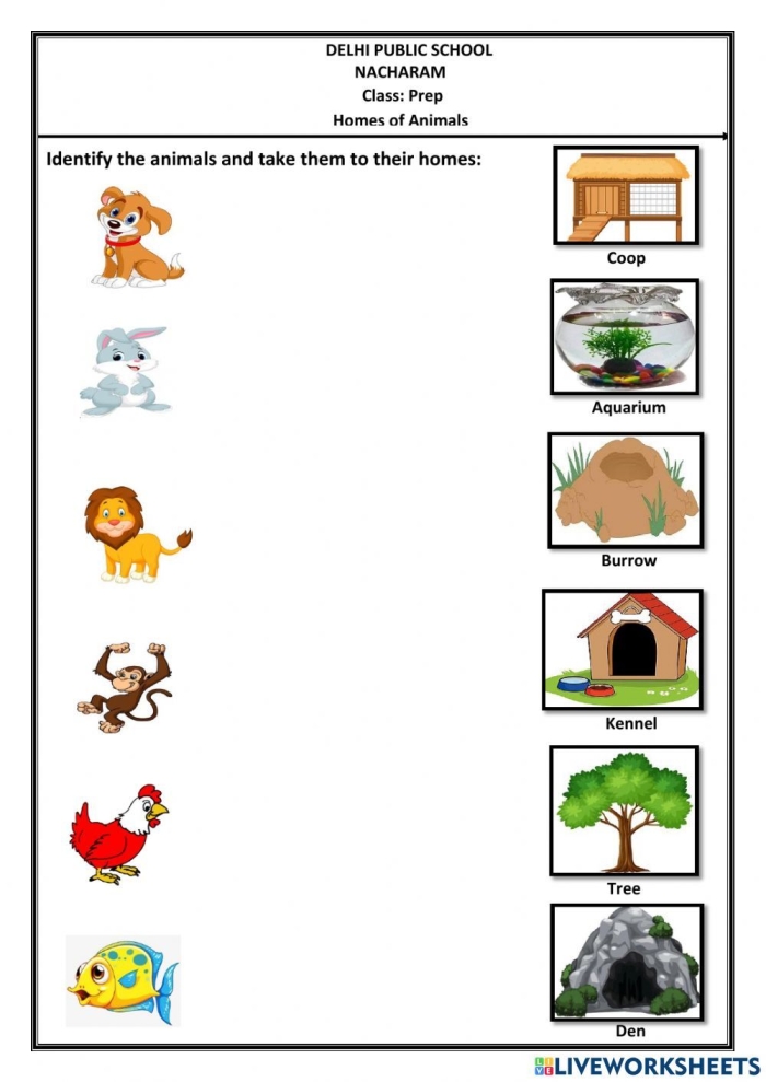 Interactive Animals and Their Homes Worksheet for Pre-K Learning Worksheet showing various animals and their habitats for counting activities