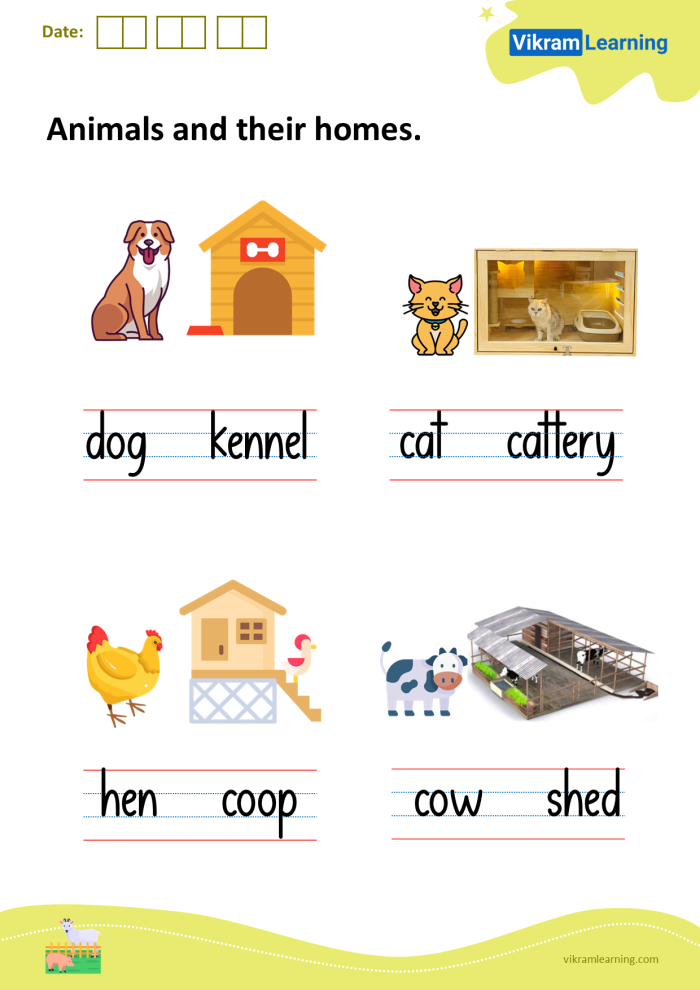 Image title for Pre-K Animals and their Homes worksheet, focusing on counting and recognition skills ALT text for worksheet image showcasing various animals and their habitats for early learners
