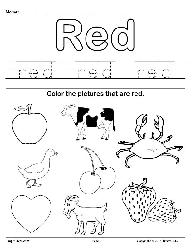 The Color Red worksheet for preschoolers lesson 20 Pre-K worksheet page featuring an apple illustration for the Color Red vocabulary lesson