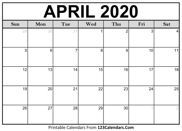 Pre-K worksheet with a blank April calendar grid for children to practice filling in dates and coloring