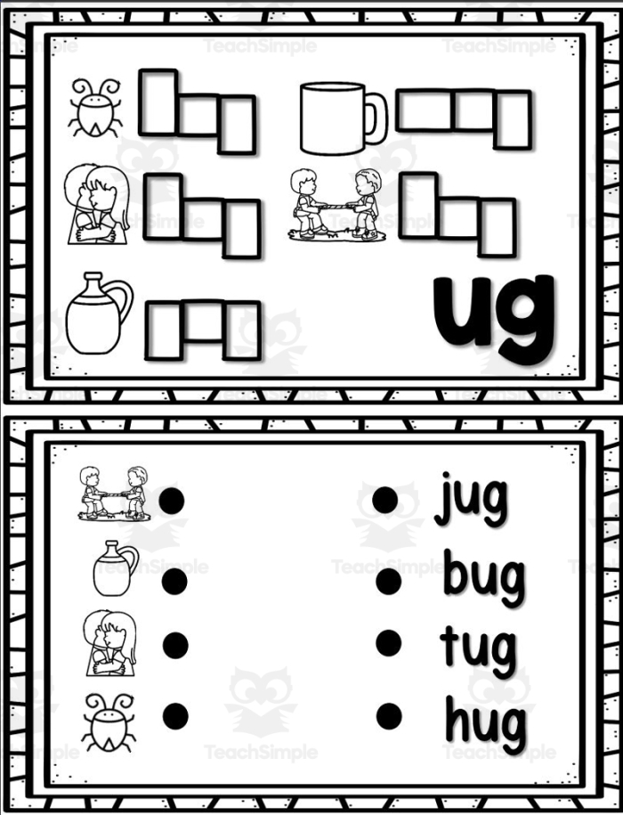 A printable Pre-K mini book worksheet featuring at word family exercises for early readers