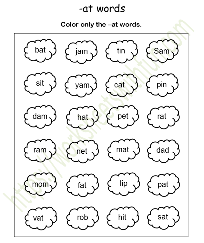 Engaging "at" words activity for Pre-K learners Colorful worksheet page featuring "at" words like hat, cat, and bat