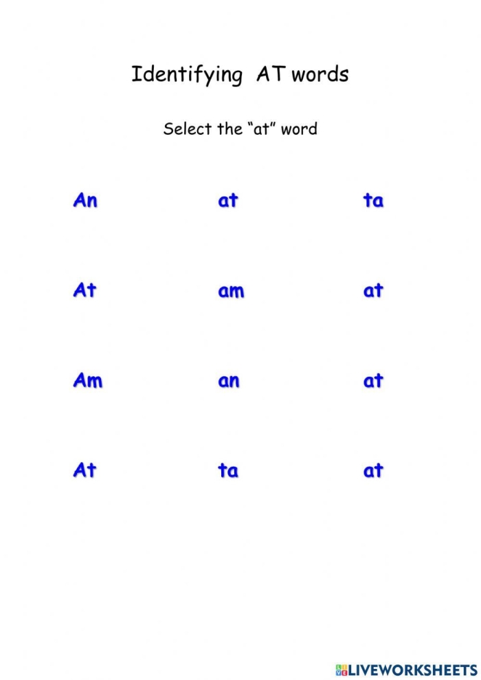 Visual guide for learning "at" words in Pre-K reading activities Worksheet featuring "at" words with illustrations of a hat, cat, and bat