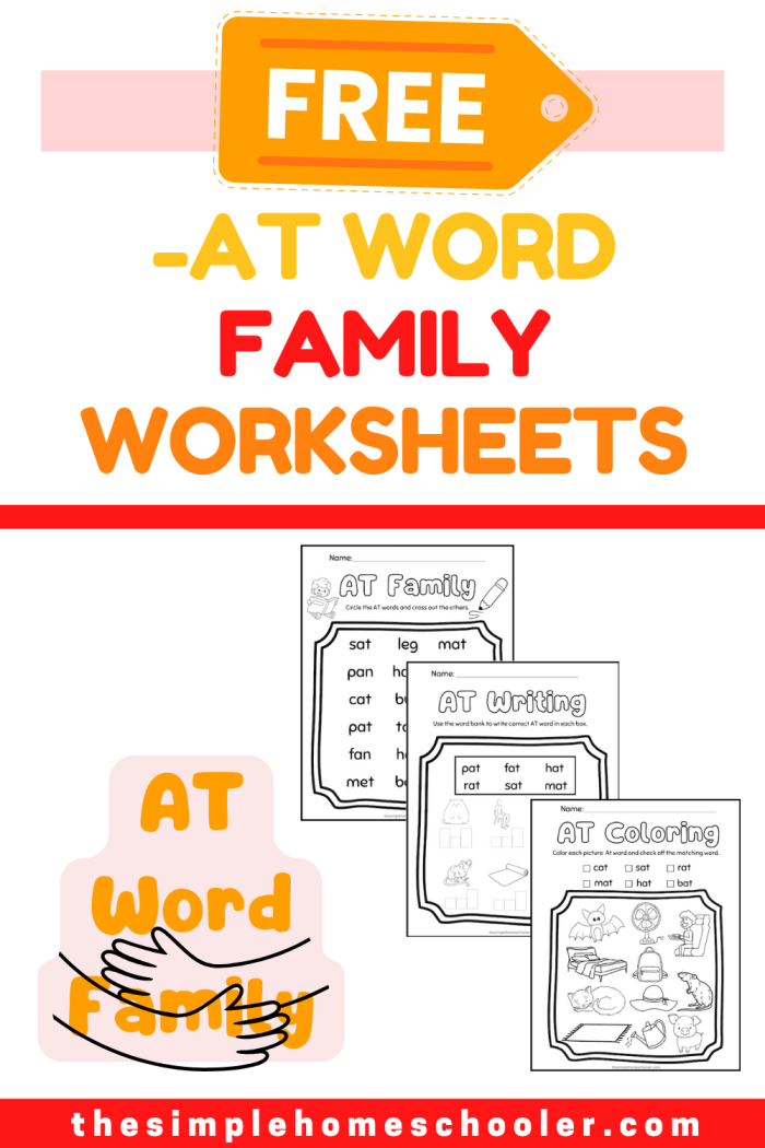 Fun "at" words learning activity for Pre-K students Worksheet featuring "at" words with illustrations of a hat, cat, and bat