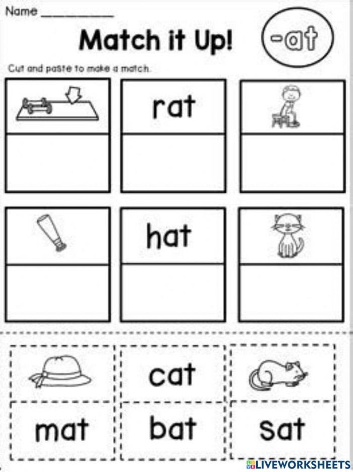 Engaging pre-K activity for practicing "at" words with fun illustrations Worksheet featuring words that rhyme with "at" such as hat, cat, and bat