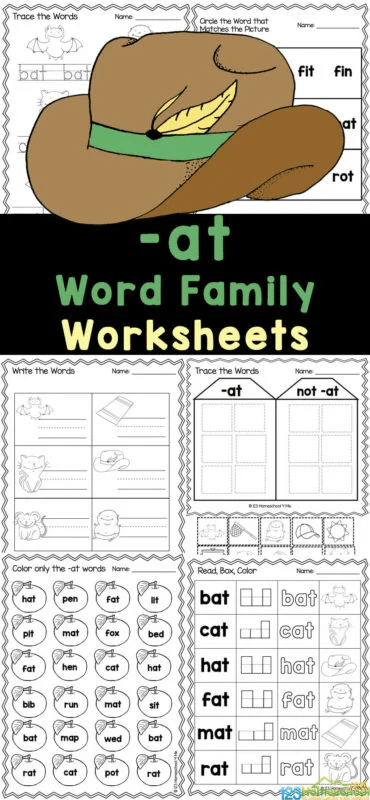 Engaging "at" words activity for Pre-K reading skills Worksheet featuring "at" words with illustrations of a hat, cat, and bat