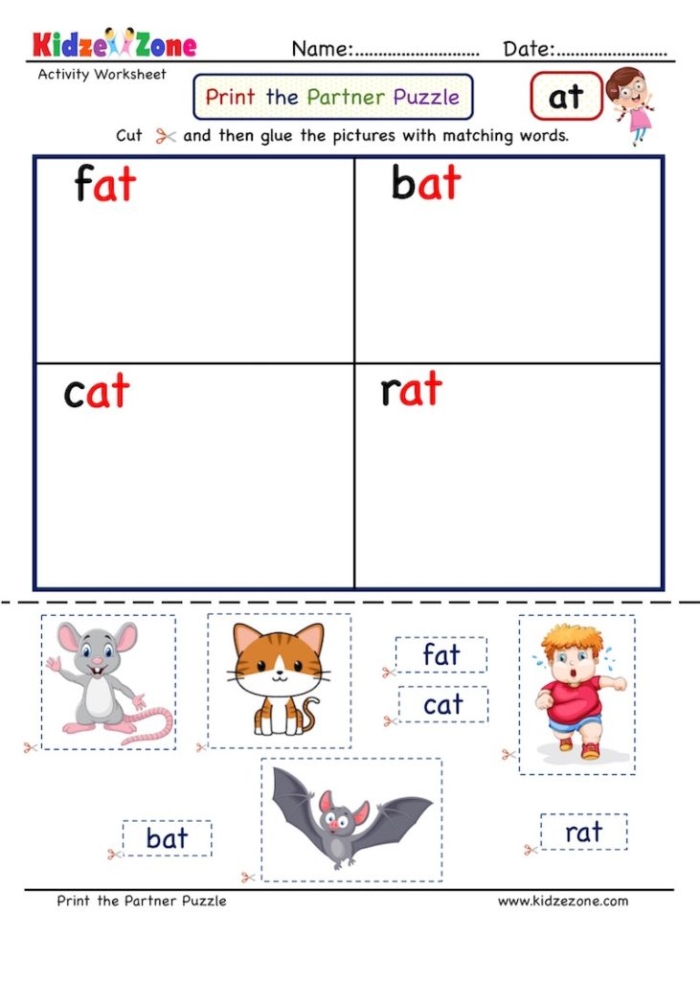 Fun and engaging "at" words activity for young readers Worksheet featuring "at" words with a hat, cat, and bat for Pre-K learners