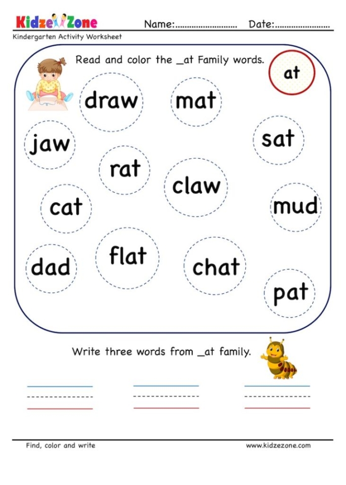 Engaging activity to learn "at" words for early readers Worksheet featuring "at" words like hat, cat, and bat for Pre-K readers