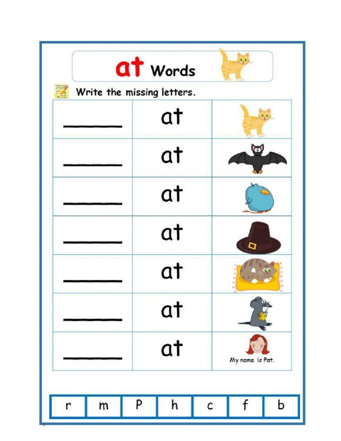 Fun "at" words worksheet for Pre-K students to explore and learn Worksheet featuring "at" words with illustrations of a hat, cat, and bat