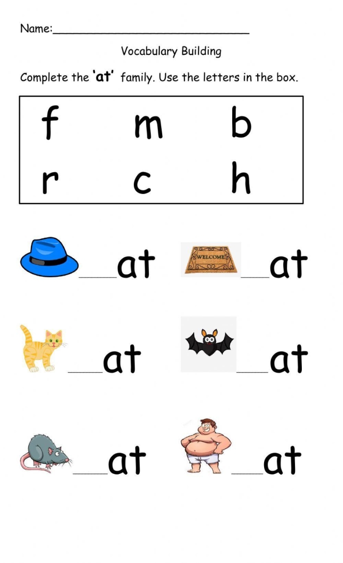 Educational image for "at" words worksheet for Pre-K learners Worksheet featuring "at" words with a hat, cat, and bat illustrations