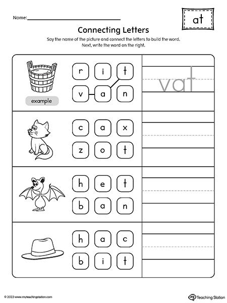 Engaging "at" words activity for early literacy skills in young learners Worksheet featuring "at" words like hat, cat, and bat for Pre-K readers