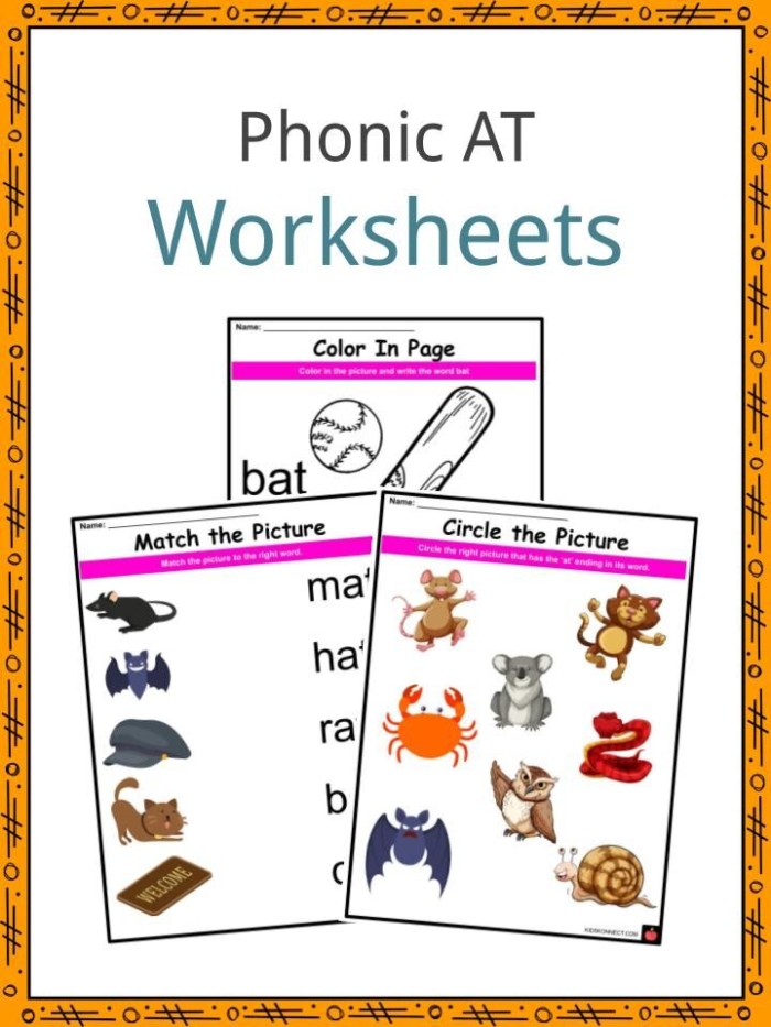Educational activity on "at" words for Pre-K learning Worksheet featuring "at" words with a focus on hat, cat, and bat