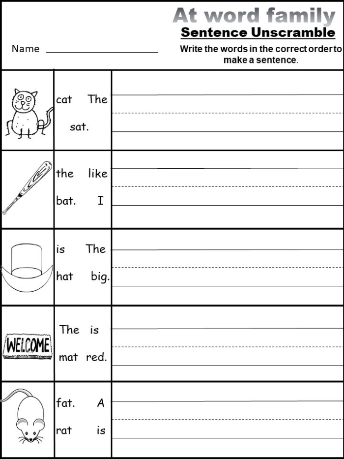 Fun "at" words worksheet for Pre-K students with engaging visuals Worksheet featuring illustrations of a hat, cat, and bat to teach "at" words
