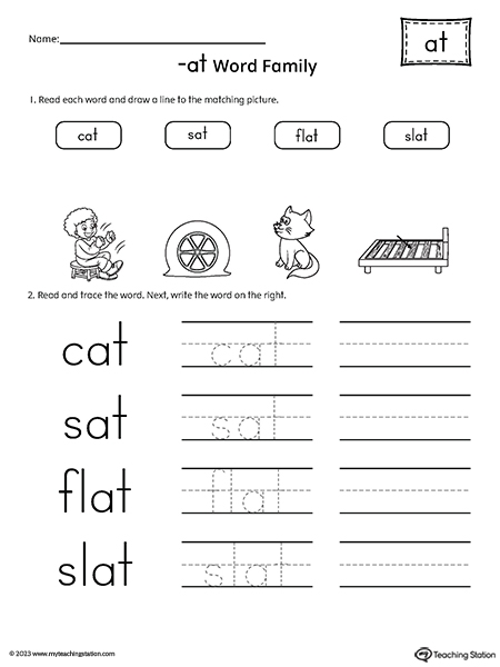 Educational worksheet on "at" words for Pre-K reading activities Worksheet featuring "at" words with a hat, cat, and bat illustrations