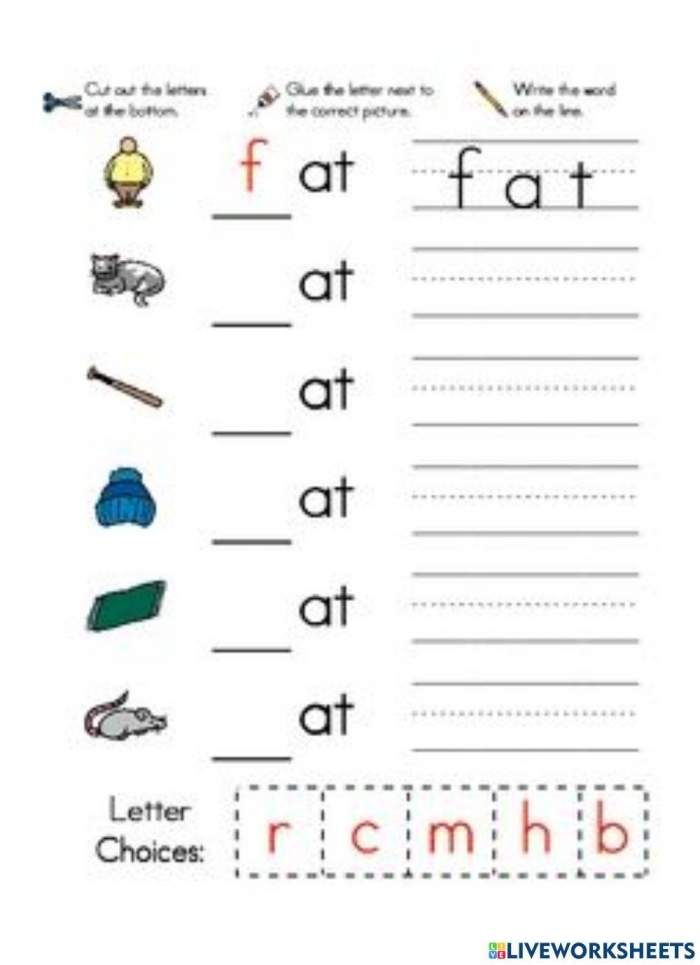 Fun educational activity for learning "at" words in Pre-K reading lessons Worksheet featuring "at" words with illustrations of a hat, cat, and bat