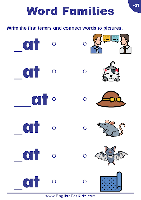 Educational resource for Pre-K reading: "at" words worksheet image 11 Worksheet illustrating "at" words with images of a hat, cat, and bat