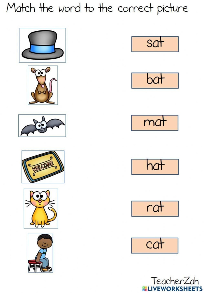 Engaging "at" words worksheet for early reading practice Worksheet featuring "at" words like hat, cat, and bat for Pre-K learners