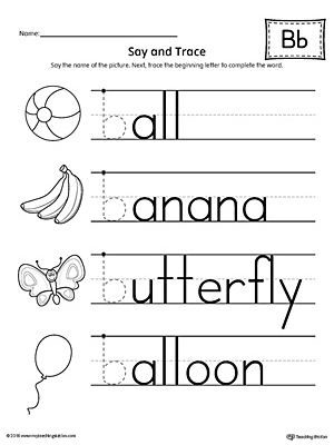 Worksheet featuring items that start with the letter B for Pre-K children