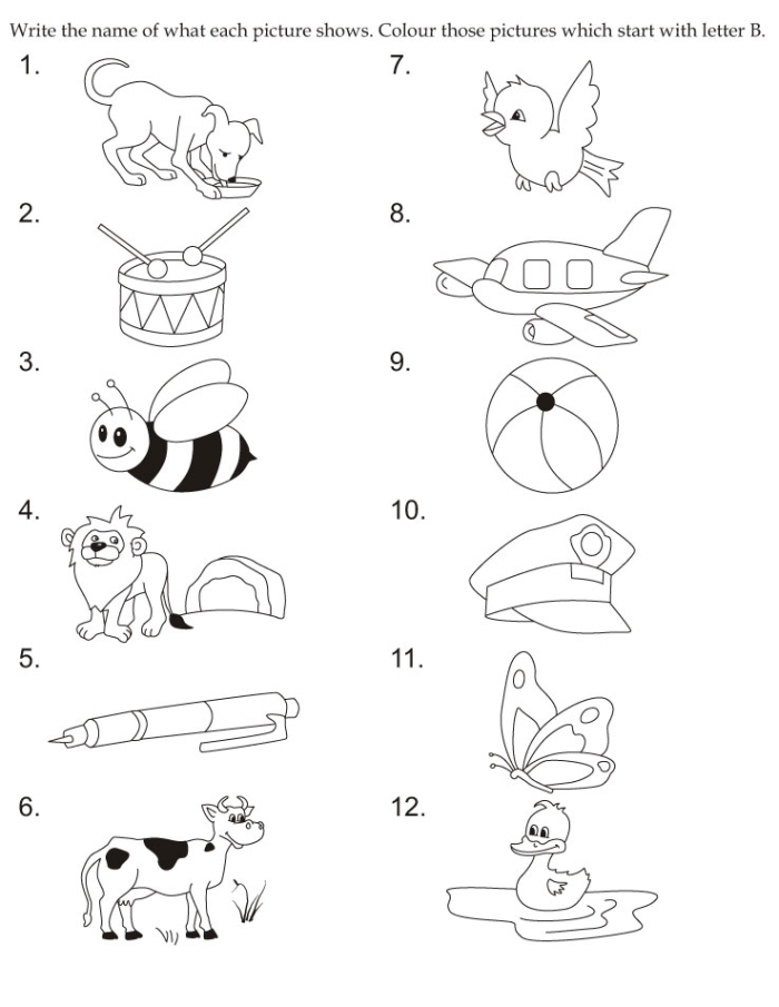 Pre-K worksheet featuring letter B vocabulary and alphabet identification exercises