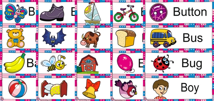 Worksheet featuring items that begin with the letter B for Pre-K reading practice