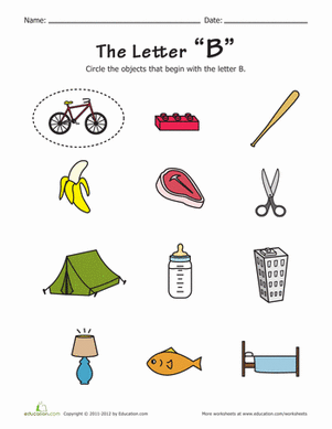 Worksheet featuring various items that start with the letter B for pre-K children