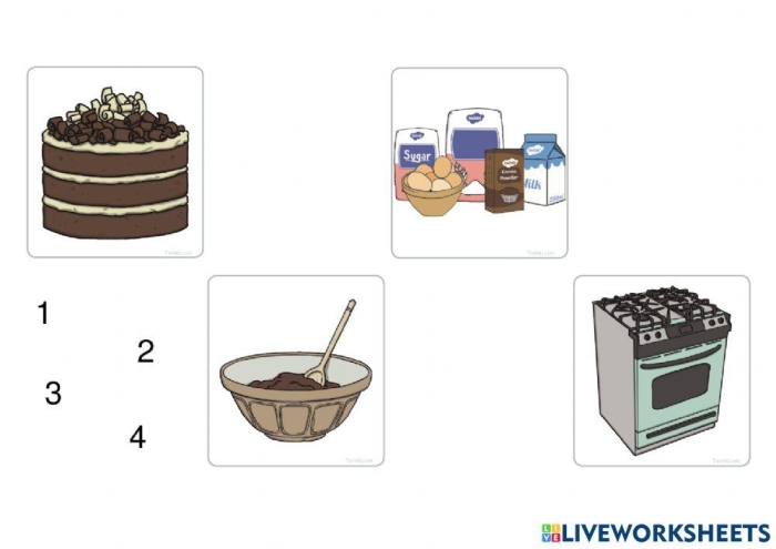 Sequencing skills for kindergarten: Baking a cake with Evan Evan and friends follow steps to bake a cake in this fun worksheet