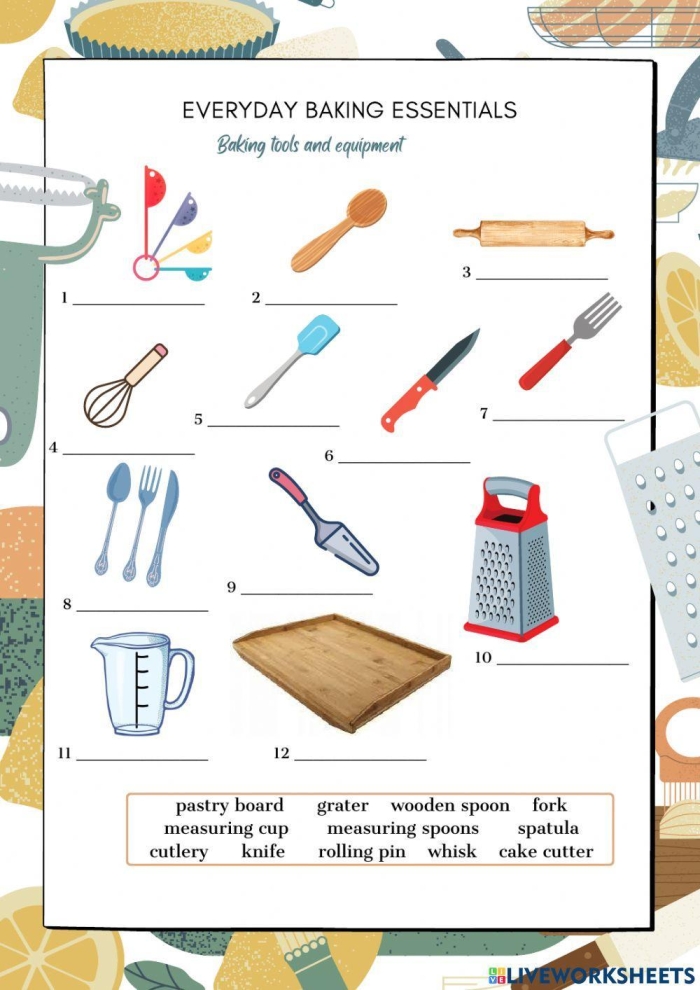 Worksheet for Pre-K students on baking a cake and learning sequencing skills Evan happily measures ingredients as he prepares to bake a cake for his friends