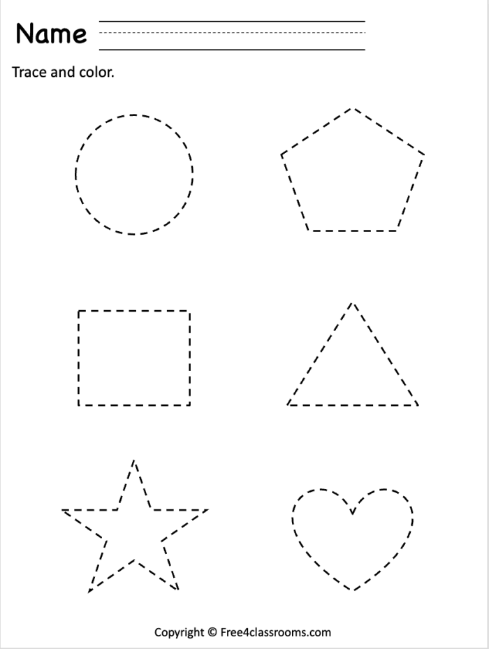 Tracing worksheet for basic shapes, including circles, squares, triangles, and rectangles for Pre-K students