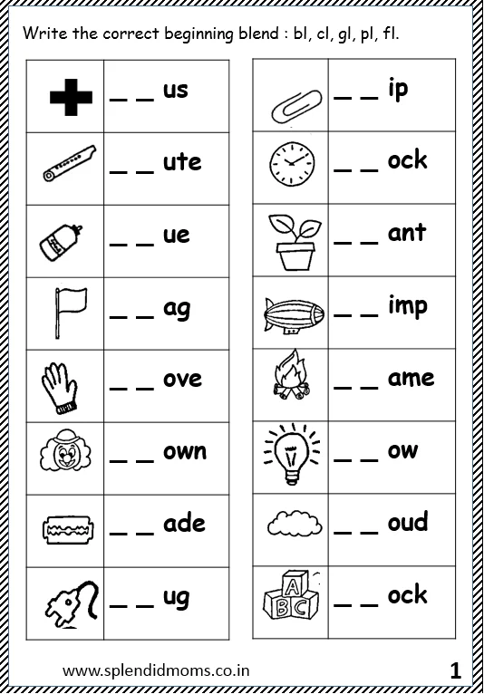 Worksheet for practicing beginning blends in words for Pre-K students
