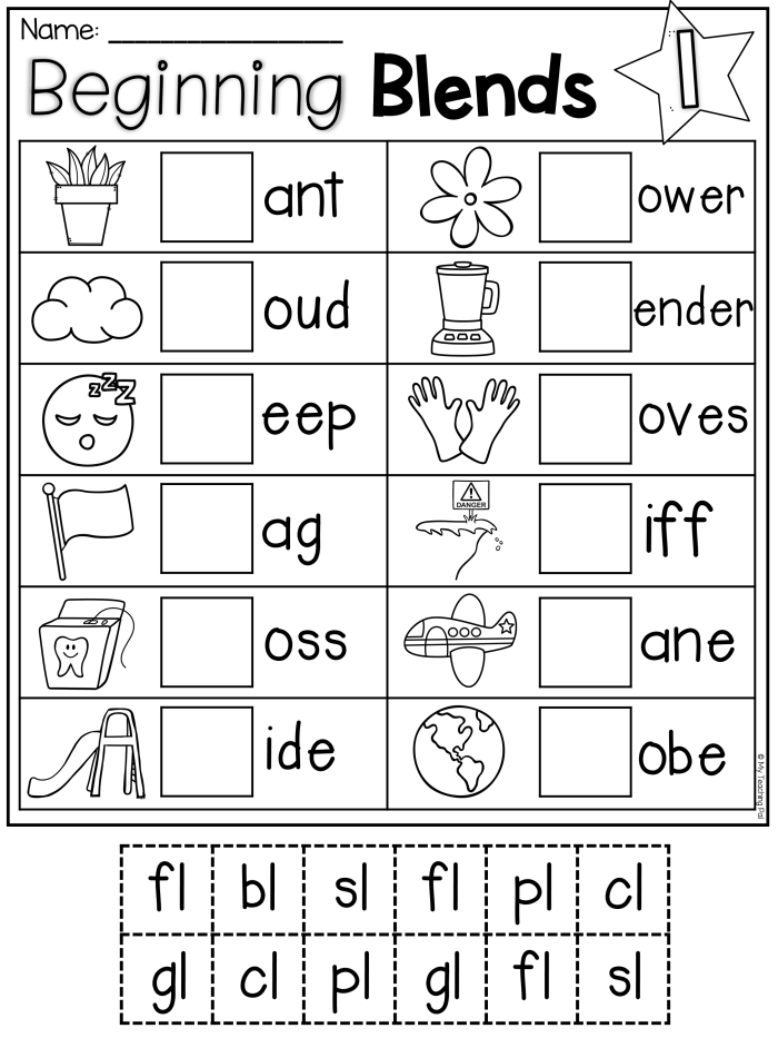 Worksheet for practicing beginning blends in words for Pre-K students
