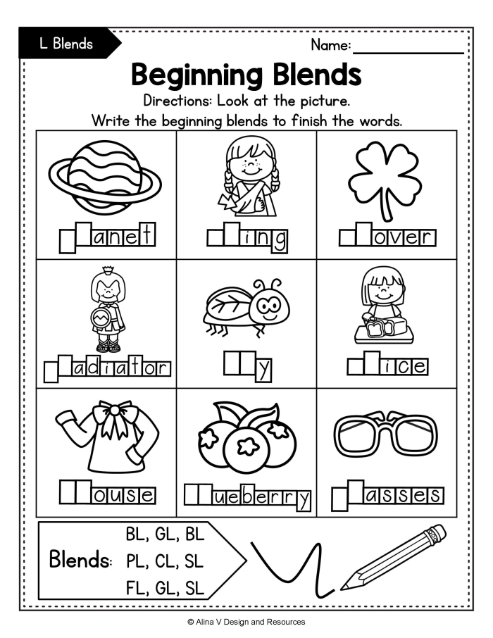 Worksheet for practicing beginning blends in words for Pre-K students