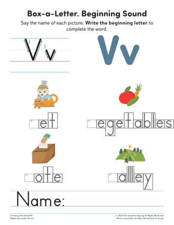 Pre-K worksheet activity teaching beginning sounds by coloring words starting with V and W