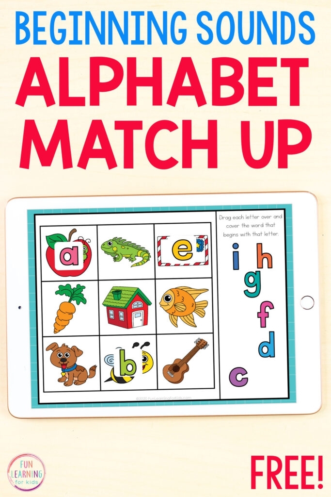 Beginning Sounds Letter Match-Up worksheet for Pre-K students featuring letters and corresponding images. Engaging activity to teach vocabulary and phonetic skills.