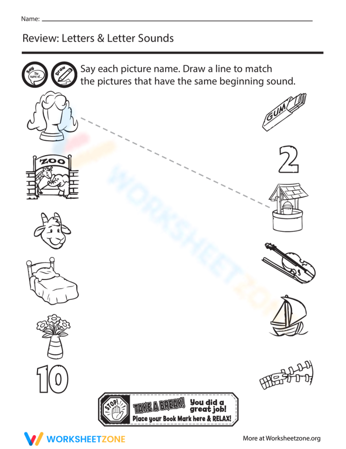 Beginning Sounds Letter Match-Up worksheet for Pre-K children to enhance vocabulary skills. Educational activity image for learning initial letter sounds with matching pictures.