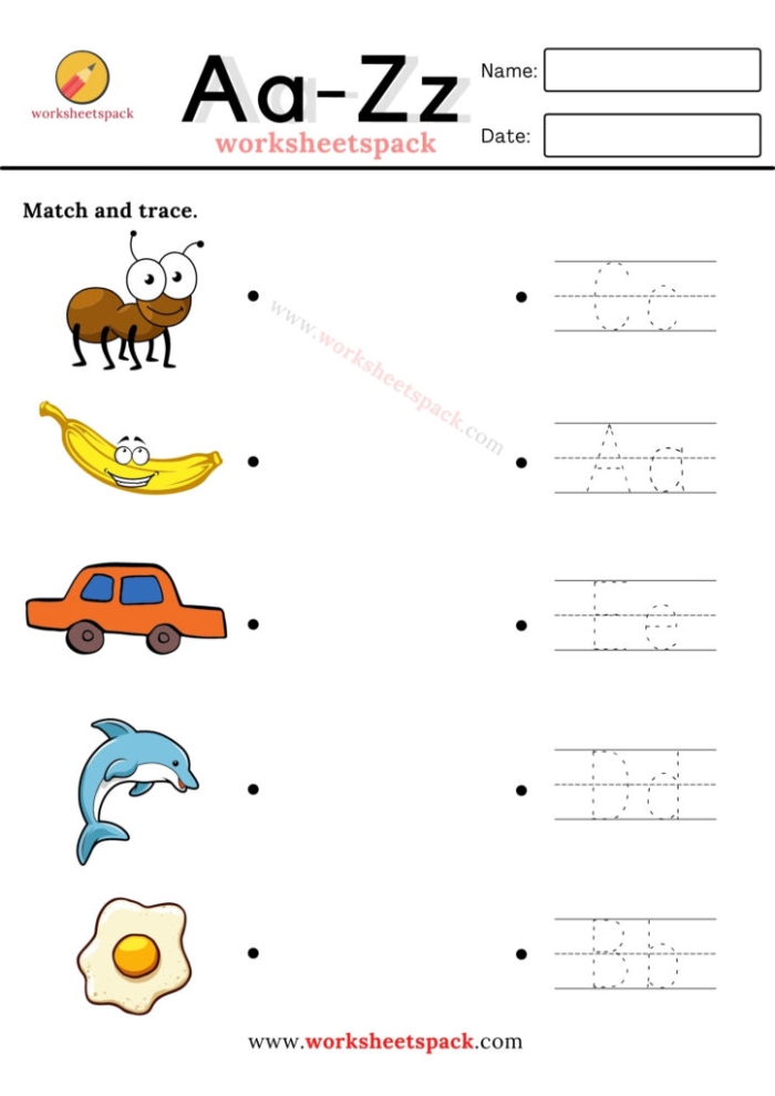 Pre-K worksheet with alphabet letters to match to pictures by beginning sounds