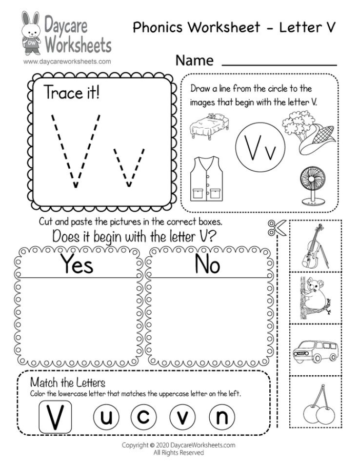 Worksheet for identifying beginning sounds of V and W words in phonics for Pre-K students