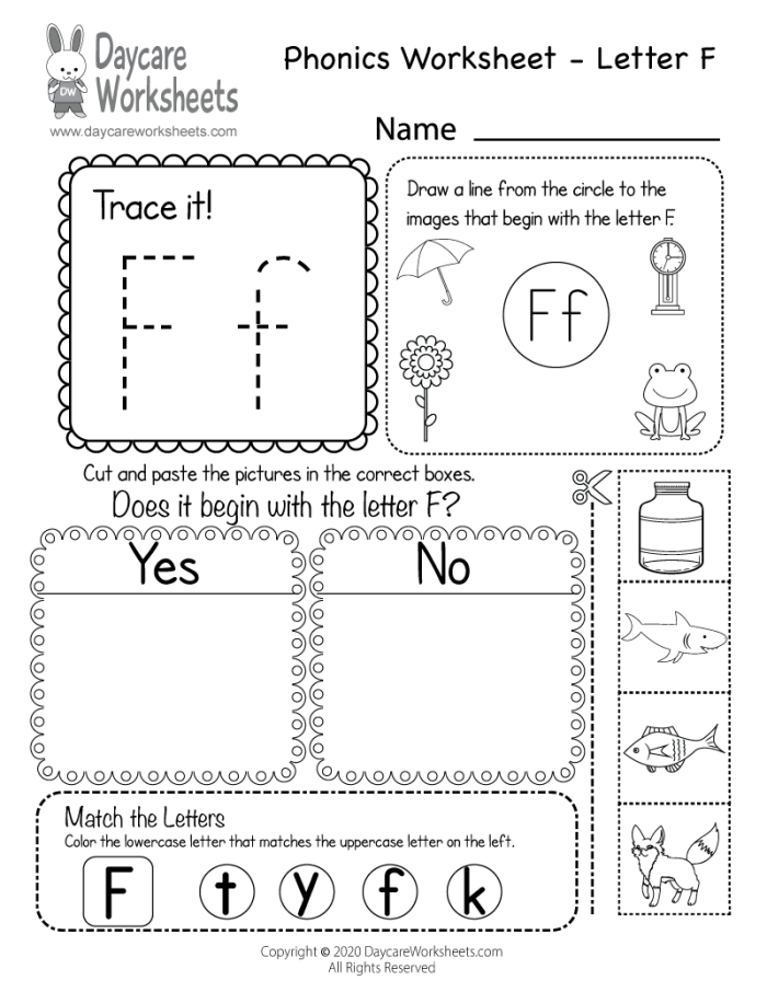 Pre-K phonics worksheet for practicing beginning sounds of letter F and M with monkey and fox illustrations