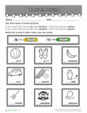 Pre-K phonics worksheet for identifying and coloring words starting with V and W sounds