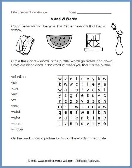 Worksheet for identifying beginning sounds of V and W with coloring activities for Pre-K children