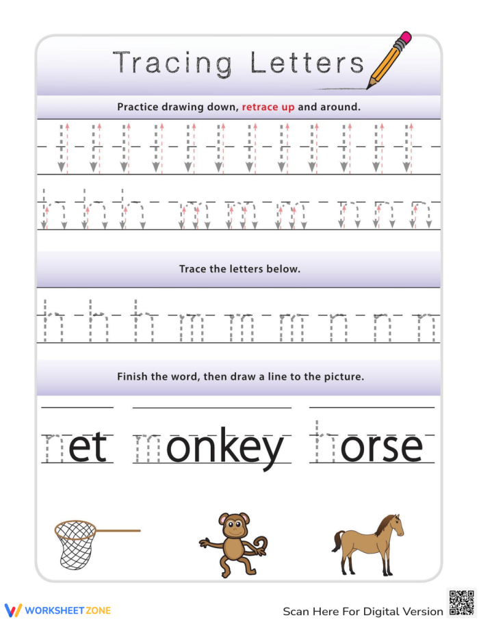 Handwriting practice worksheet featuring tracing activities for young learners Tracing worksheet for lowercase letters h, m, and n designed for Pre-K students