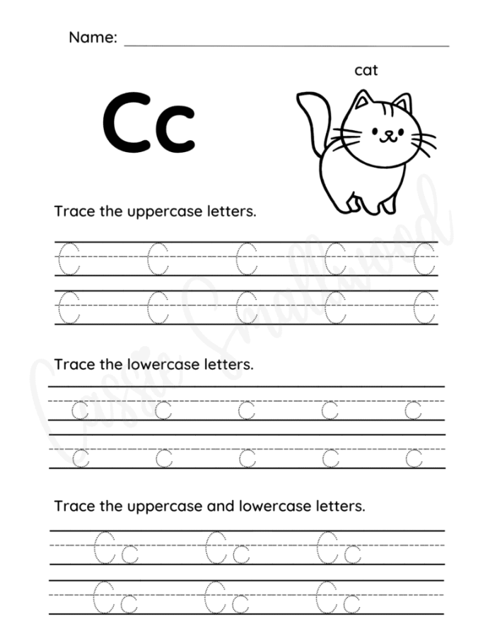 Tracing worksheet for lowercase letters c, o, and a designed for Pre-K students