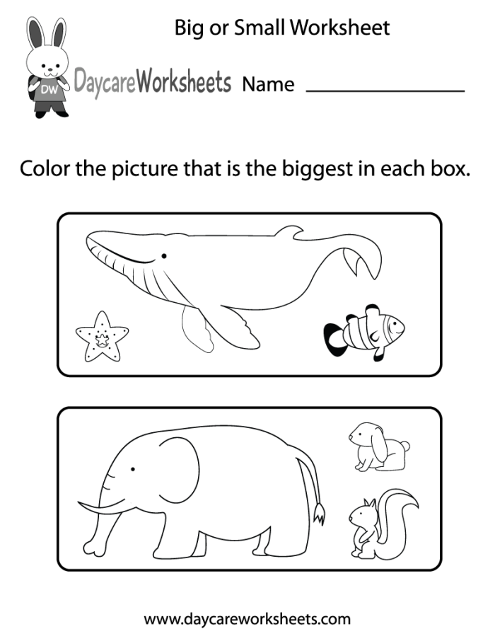 A colorful worksheet for Pre-K children to categorize objects as big or small