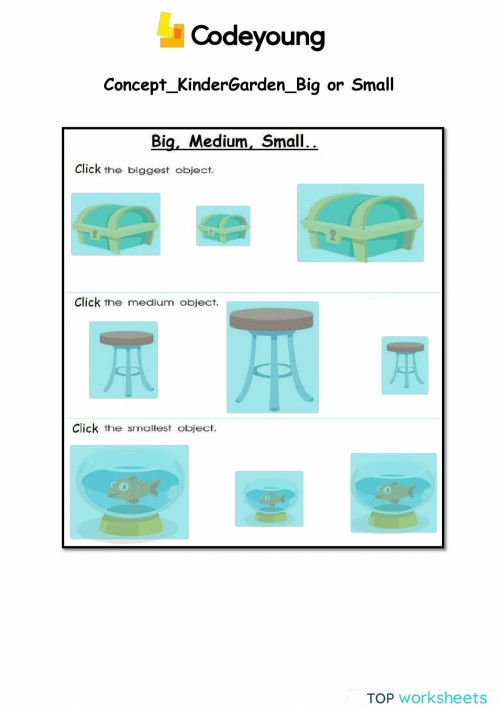 Worksheet featuring various items for kids to identify as big or small