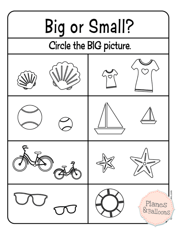 Worksheet for young learners to identify large and small objects in a fun way