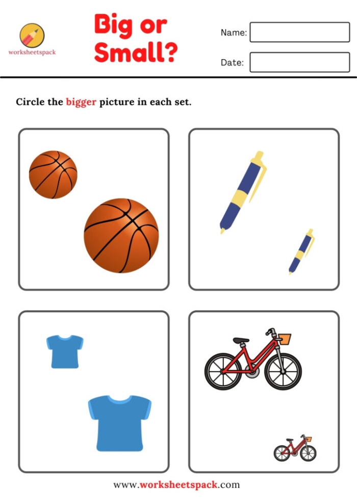 Worksheet featuring various items for children to identify as big or small